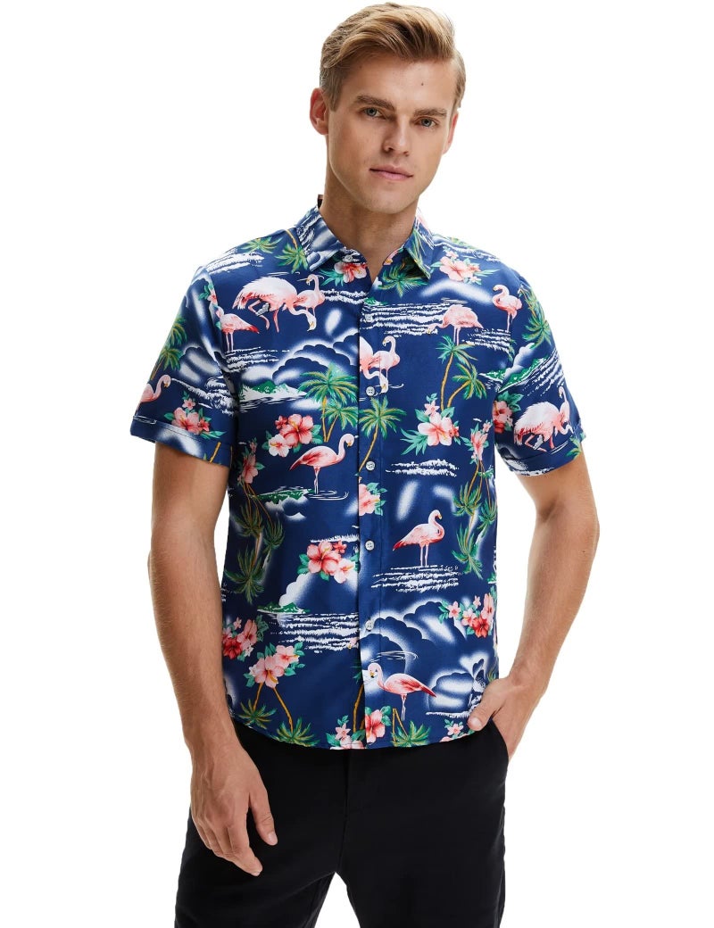 SSLR Mens Hawaiian Shirt Flamingos Casual Short Sleeve Button Down Shirts Aloha Shirt (Medium, Navy) - Image 1